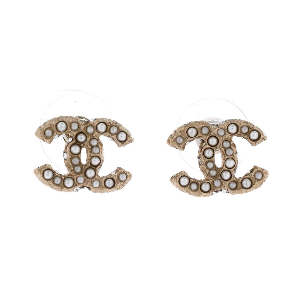 Chanel CC Stud Earrings Faux Pearls and Crystal Embellished Metal